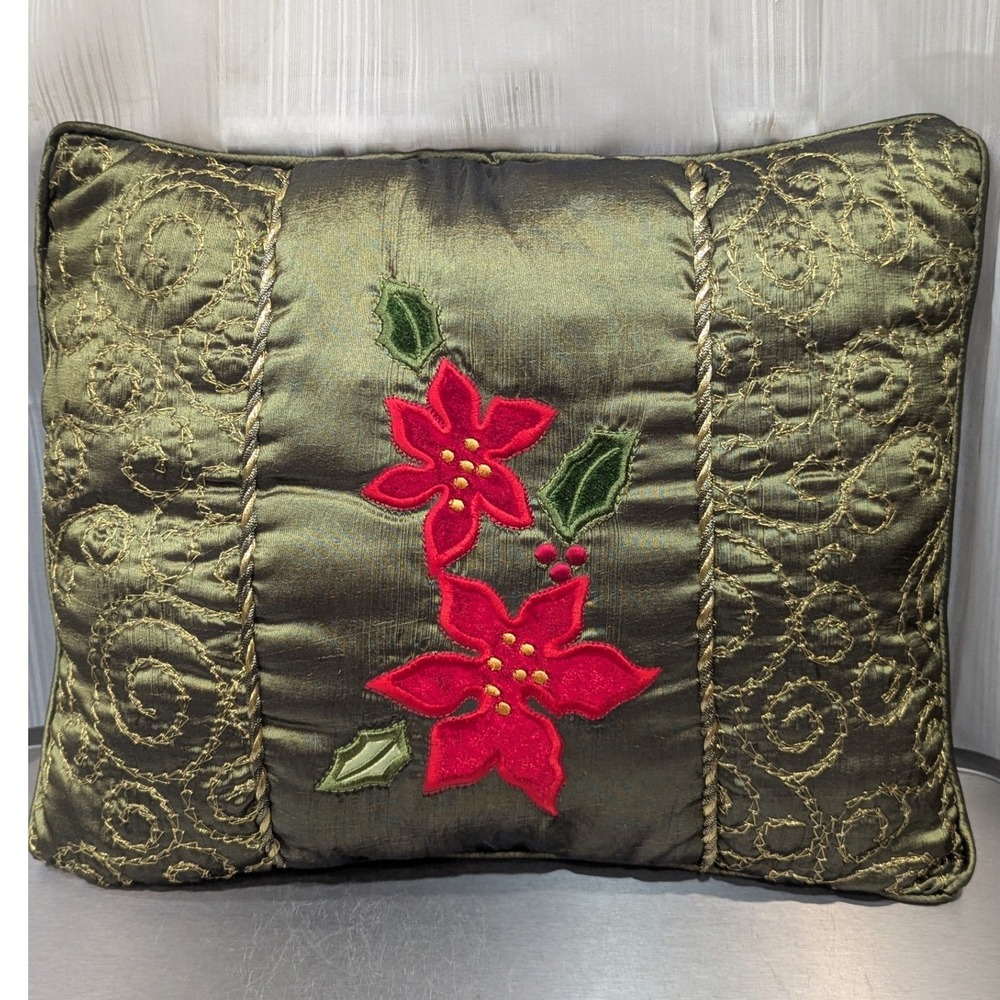 Vtg Olive Green Poinsettia Christmas Throw Pillow Stain Applique Gold Embroidery